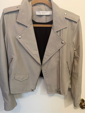 IRO Ashville Leather Moto Jacket Light Grey Silver Hardware